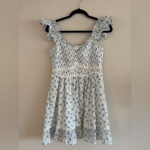 Altar'd State White and Light Blue Floral Ruffle-Shoulder Mini Dres, Size M